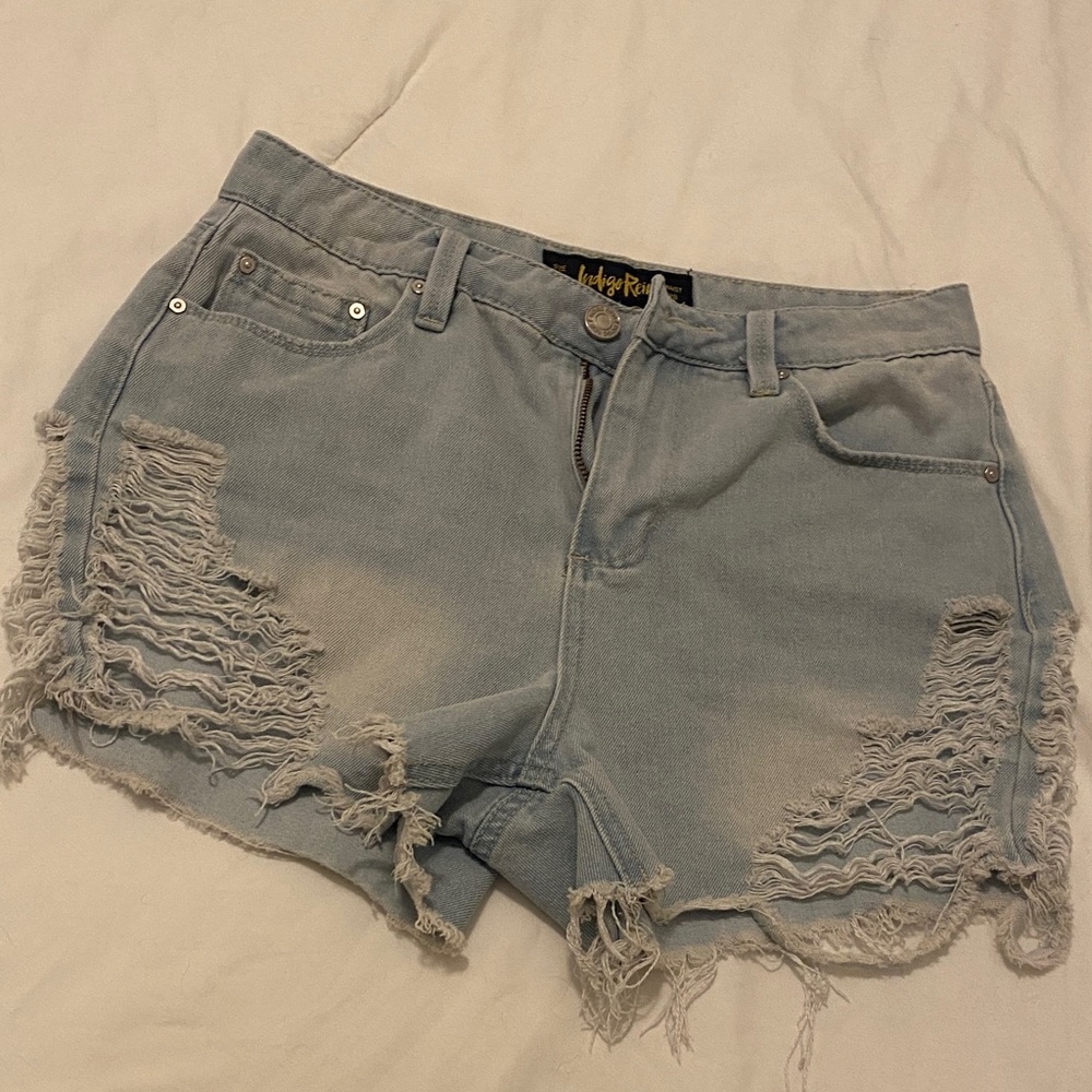 Indigo Rein Distressed Washed Blue Denim Cutoff Shorts